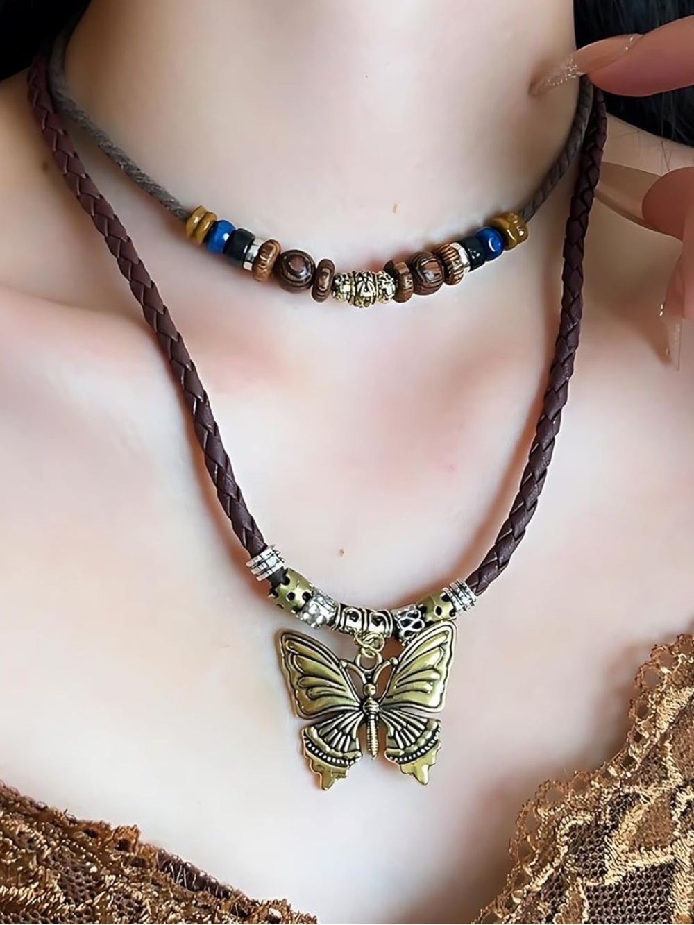 Bohemian Brown Braided Leather Butterfly Necklace - Unbranded